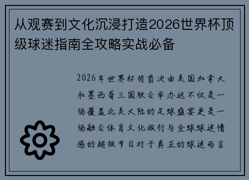 从观赛到文化沉浸打造2026世界杯顶级球迷指南全攻略实战必备